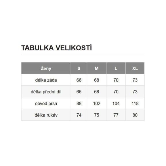 C1020BY / MIKINA ROZEPÍNACÍ - tabulka velikostí